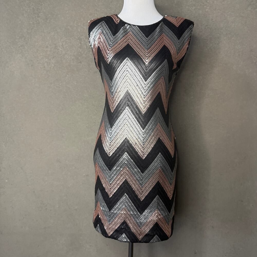As U Wish Chevron Sequin Mini Dress Open Back Black Rose Gold Silver Medium